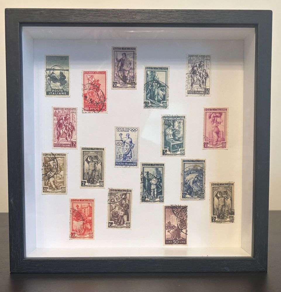 Poste Italiane framed postage stamp art — vintage Italian stamps of art and figures