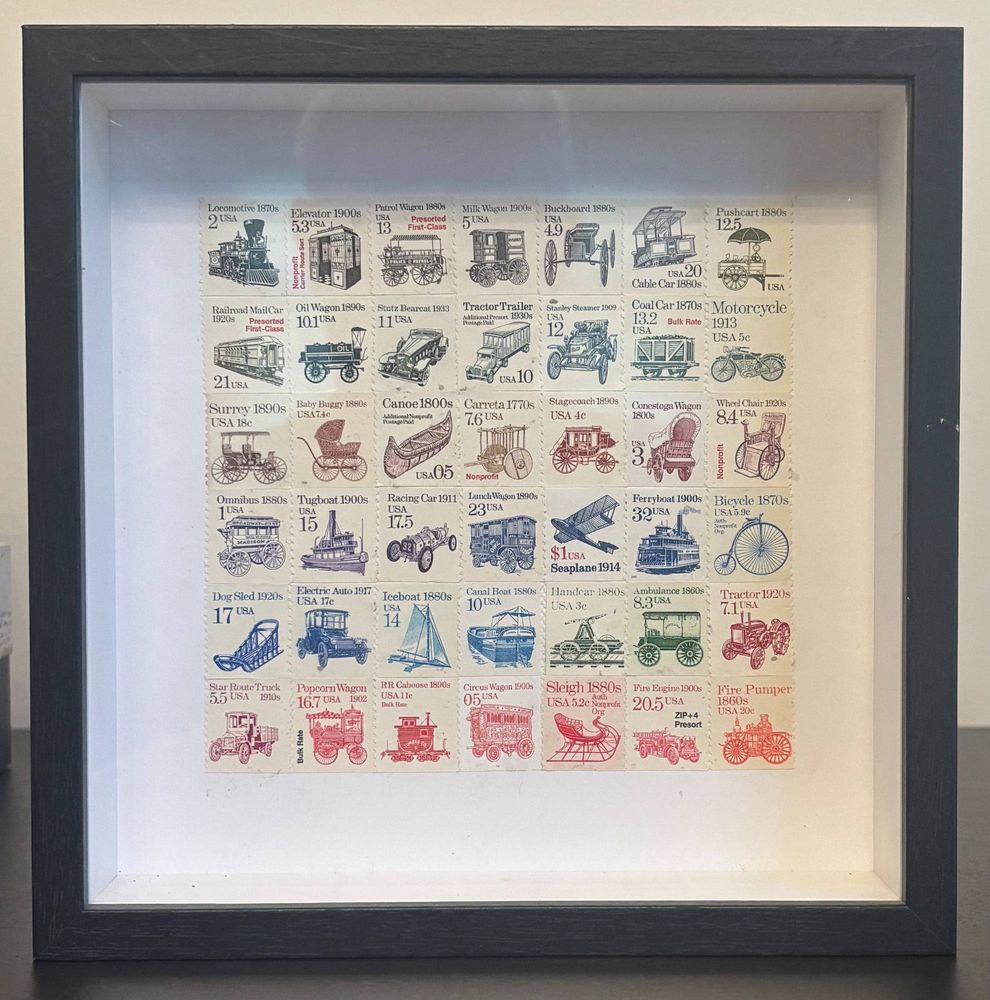 Gettin' Around framed postage stamp art — US Transportation series stamps of vintage vehicles